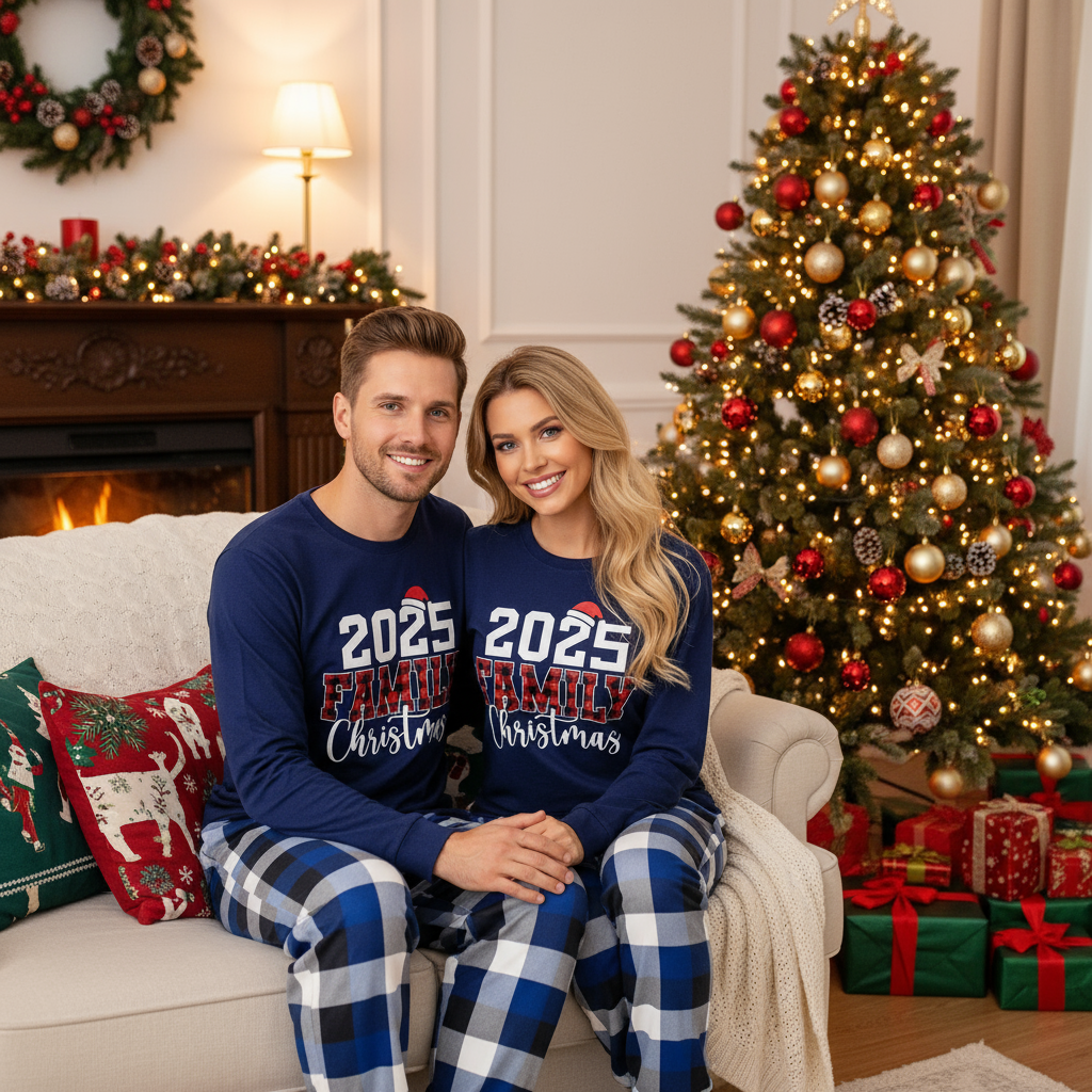 Couple Matching Blue Plaid Pajamas With "2025 Family Christmas" Text Printed