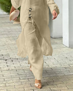 2 Pieces Outfit Button Decor One Shoulder Turn-Up Sleeves Slit Raw Edges Top and Casual Drawstring Elastic Waist Wide Leg Pants Set
