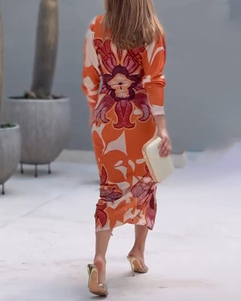 Vintage Baroque Deep V Neck Long Sleeve Slit Bodycon Dress Casual Ruched Slim Fit Vacation Dress