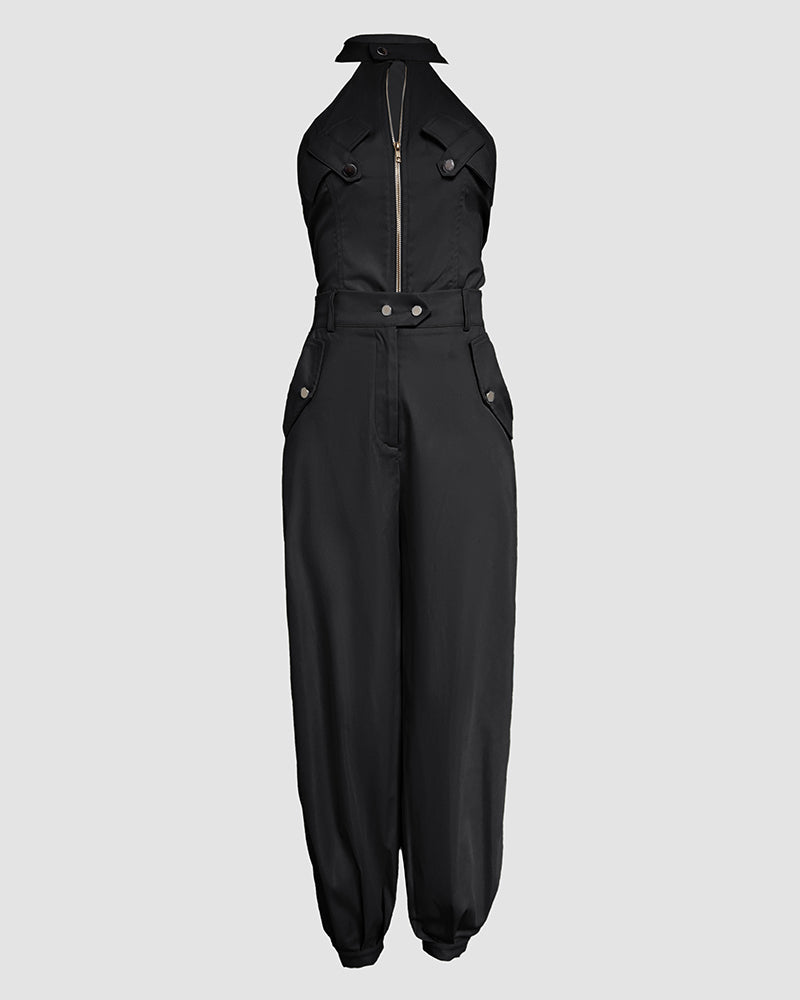 2 Pieces Outfits Sleeveless High Neck Cargo Pockets Design Top And Casual Cuffed Long Pants Set