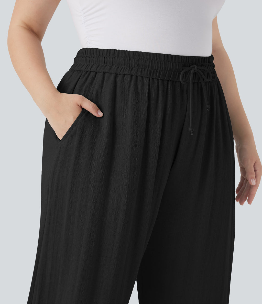 High Waisted Drawstring Linen-Feel Wide Leg Casual Plus Size Pants with Pockets