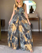 Abstract Oil Painting Print V-Neck Stretchy Thick Straps High Waist Backless Overalls Casual Shirred Waist Cinched Waist Wide Leg Jumpsuit