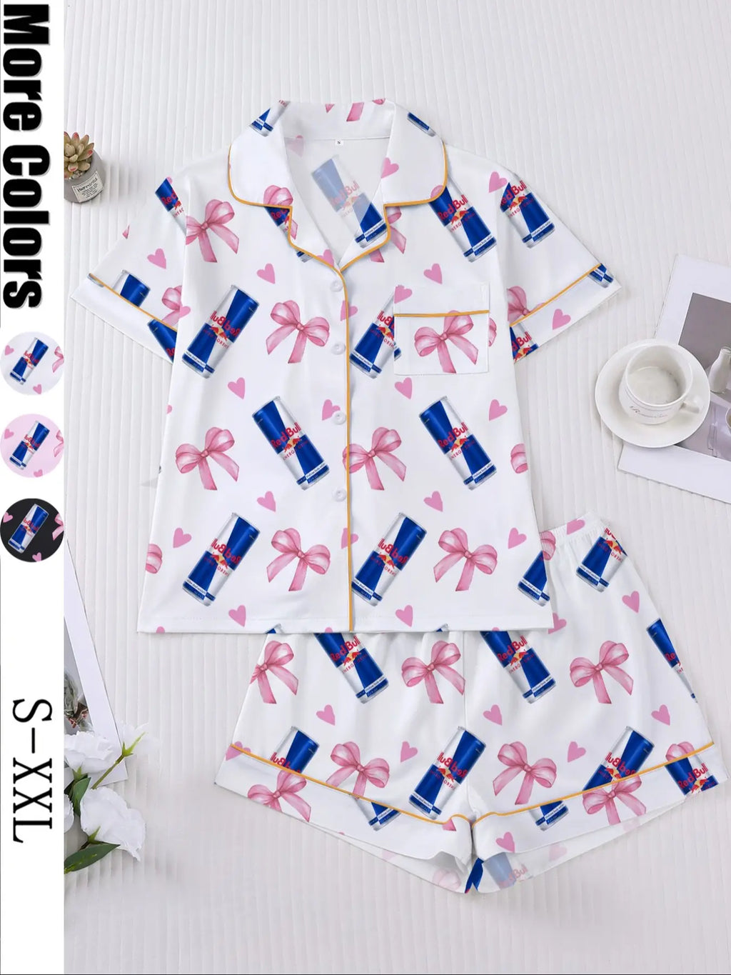 Women's Heart Bow Print Sleepwear Set, Short Sleeve Button-Up Top & Elastic Shorts, Casual Home Wear, Party