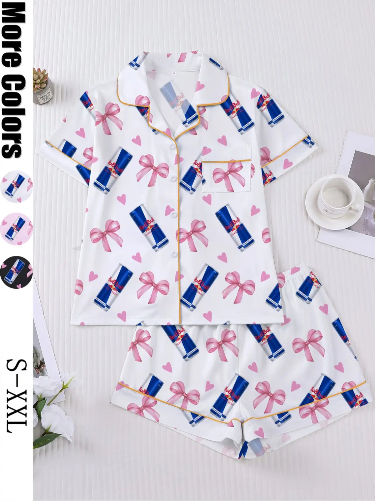 Women's Heart Bow Print Sleepwear Set, Short Sleeve Button-Up Top & Elastic Shorts, Casual Home Wear, Party