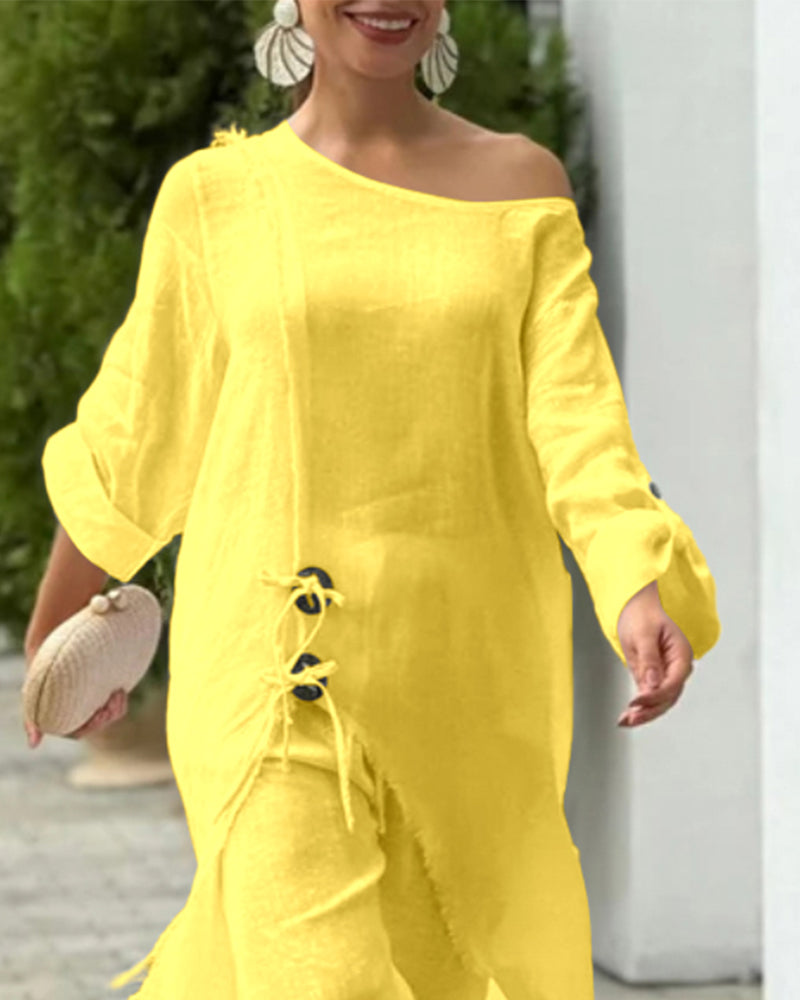 2 Pieces Outfit Button Decor One Shoulder Turn-Up Sleeves Slit Raw Edges Top and Casual Drawstring Elastic Waist Wide Leg Pants Set