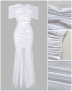 Foldover Off Shoulder Ruched Cinched Waist Minimalist Evening Dress Slim Fit Mermaid Hem Party Dress