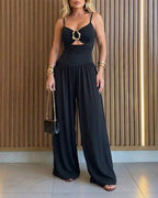 Women's Gold Ring Hollow Out Wide Leg Jumpsuit Backless Adjustable Strap Romper Elegant Party Jumpsuit