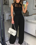 Stand Collar Sleeveless Lace Spliced Pleated Overalls Elegant Cinched Waist Zipper Back Wide Leg Jumpsuit