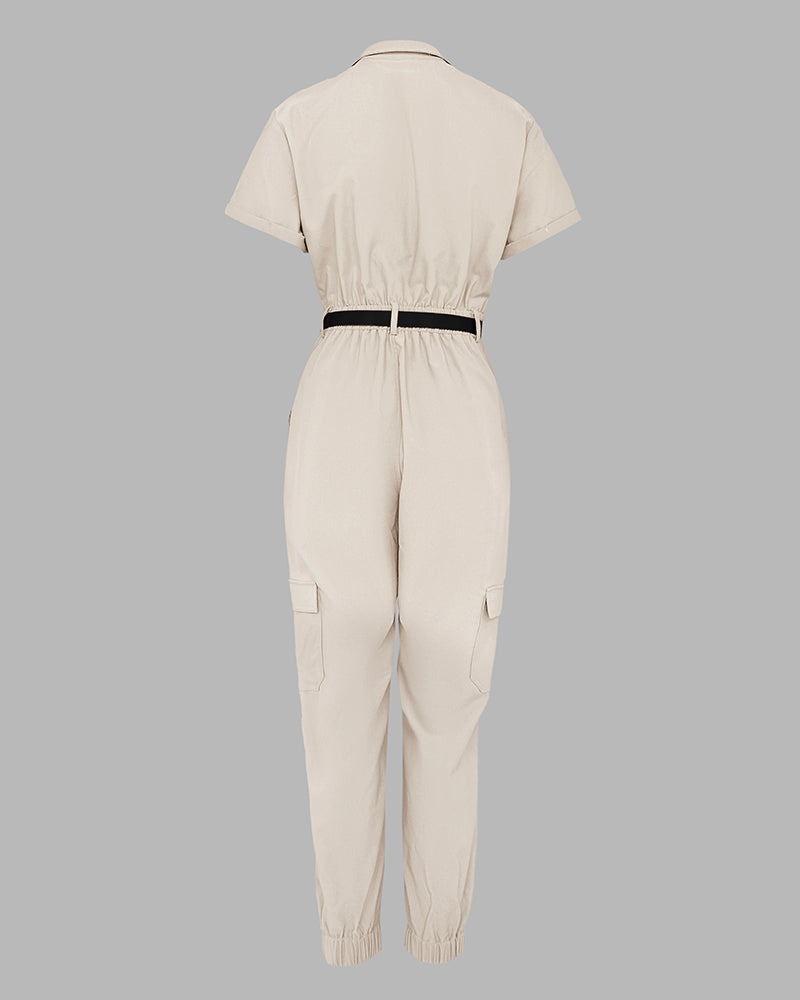 Turn-down Collar Short Sleeve Zipper Front Cuffed Short Jumpsuit Casual Pocket Design Cargo Romper with Belt
