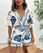 Starfish & Seashell Print Overlap V Neck Half Sleeve Wrap Knot Side Romper Casual Stretchy Back Waist Vacation Romper