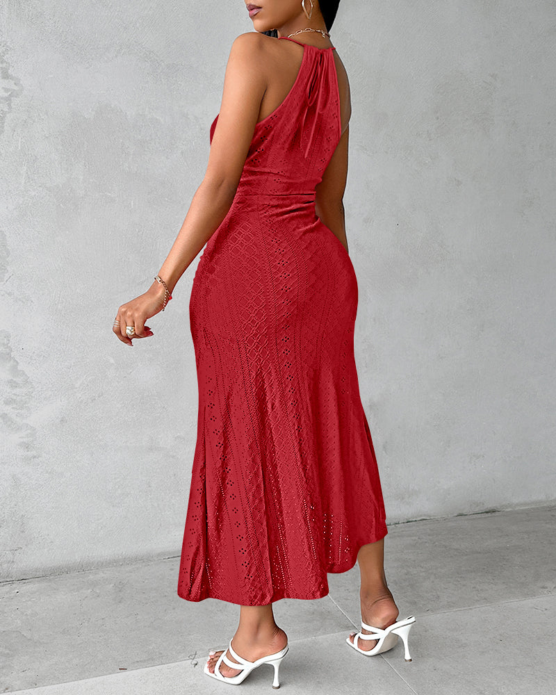 Adjustable Halter Hollow-out Back Ruched Front Slit Dress Guipure Lace Yoke Eyelet Embroidery Vacation Dress