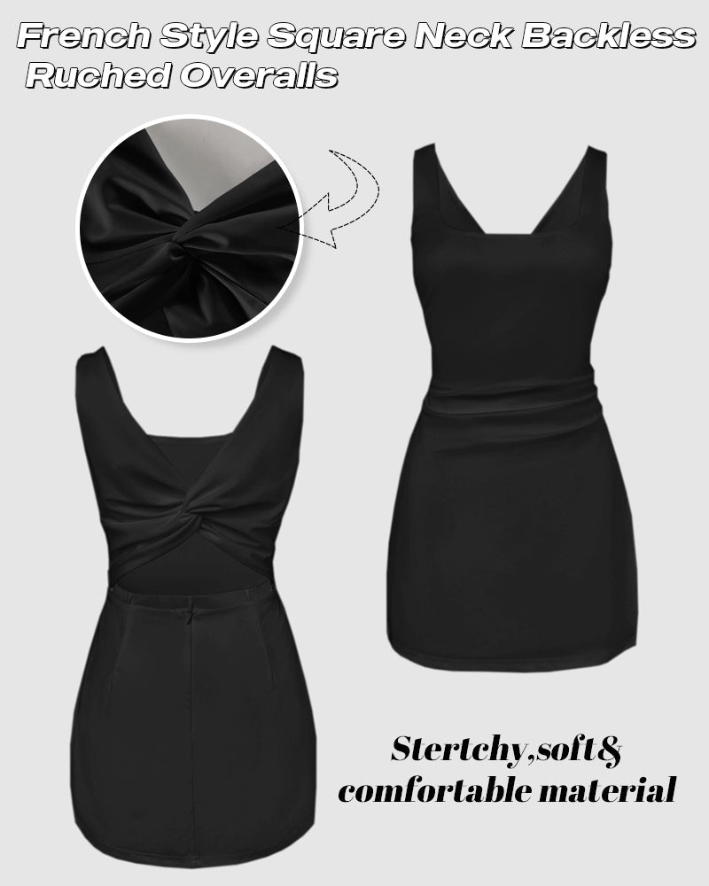 French Style Square Neck Backless Zipper Back Overalls Twist Back Ruched Slim Fit Slit Faux Two-Piece Skort Romper