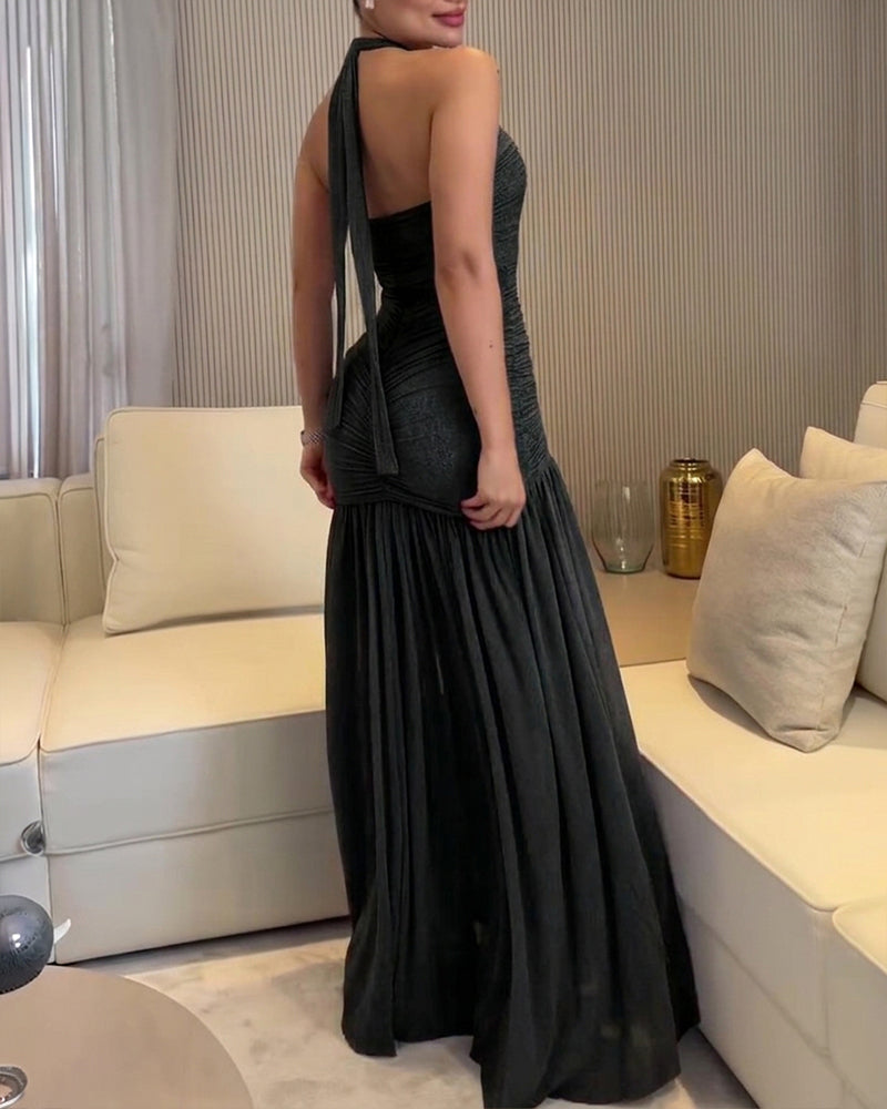 Women's Ruched Halter Tie Maxi Dress Elegant Backless High Slit Mermaid Hem Evening Party Gown