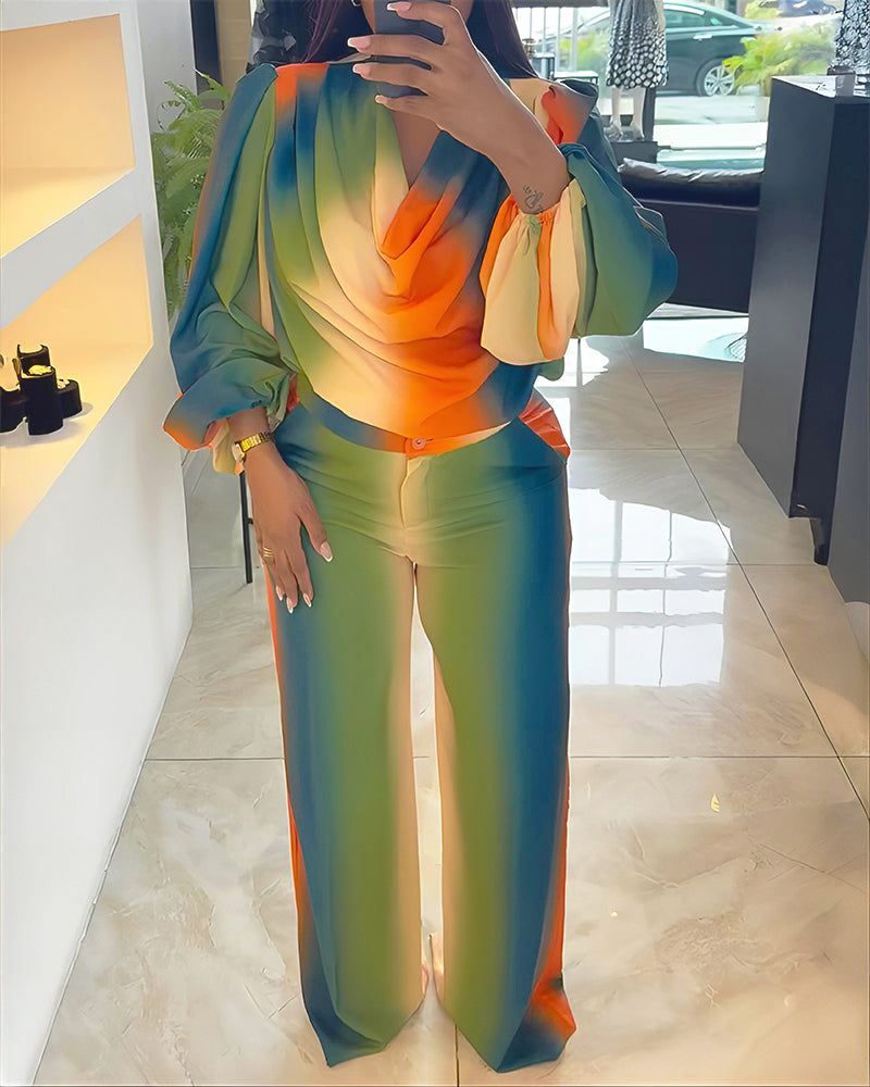 2 Pieces Outfit Cowl Neck Puff Sleeve Loose Fit Top and Zipper Fly Elastic Back Waist Wide Leg Pants Set Casual Tie Dye Print Set
