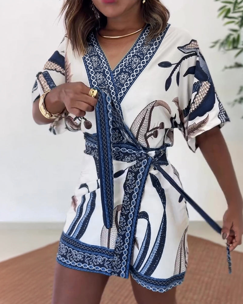 Women's Tropical Print Romper V Neck Wrap Knot Side Jumpsuit Half Sleeve Beach Vacation Summer Skorts Romper