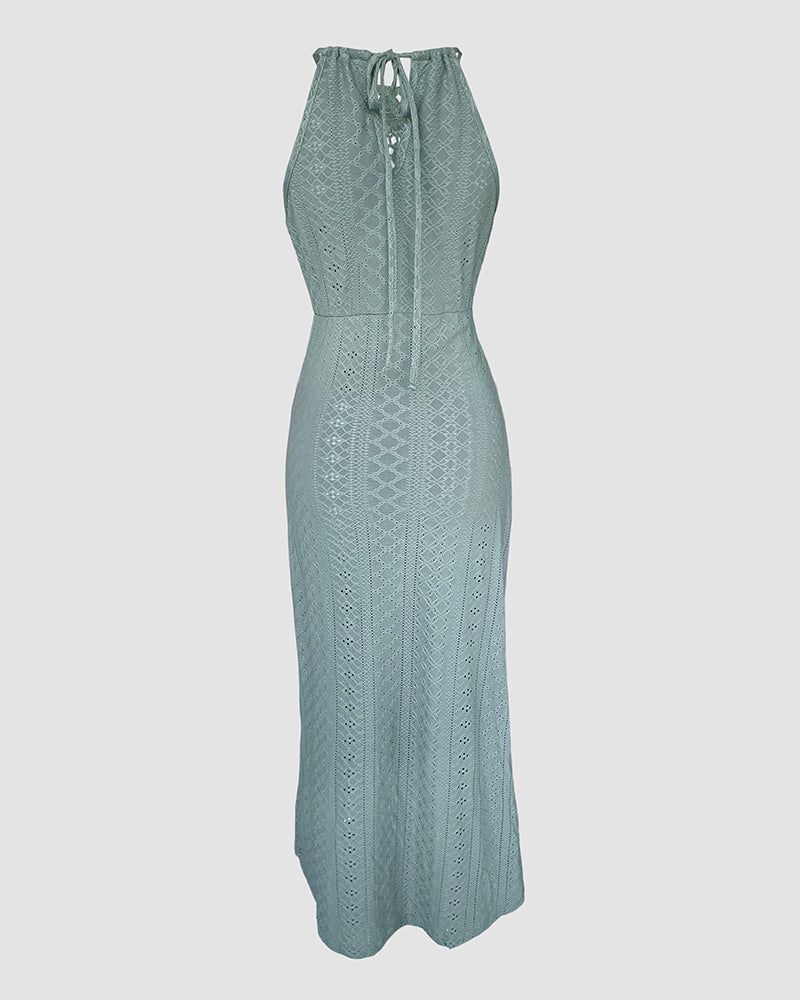 Adjustable Halter Hollow-out Back Ruched Front Slit Dress Guipure Lace Yoke Eyelet Embroidery Vacation Dress