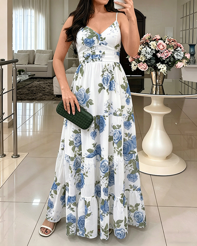 Women's Floral Print Maxi Dress Ruffle Hem Cami Dress V Neck Shirred Summer Vacation Boho Long Dress with Built-In Bra