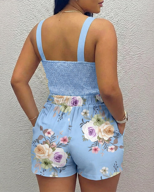 2 Pieces Outfit Rhinestone & 3D Flower Decor Thick Strap Shirred Back Crop Cami Top and Casual Floral Print Elastic Back Waist Shorts Set