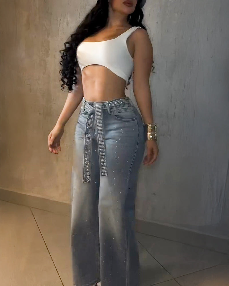 Allover Rhinestone Decor High Waist Zipper Fly Jeans Casual Flared Denim Pants with Rhinestone Decor Belt