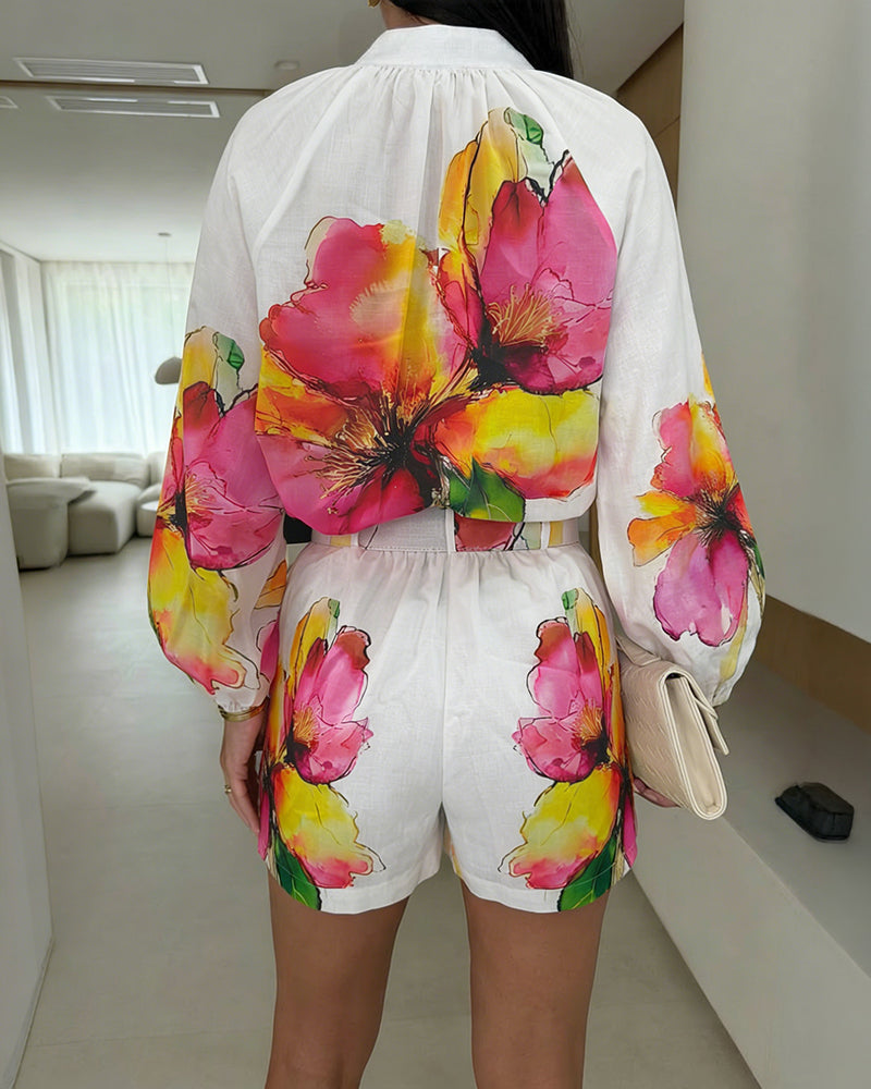 2 Pieces Outfit Stand Collar Lantern Sleeve Button Front Top and High Waist Elastic Waist Shorts Set Casual Watercolor Floral Placement Print Set with Belt & Lining