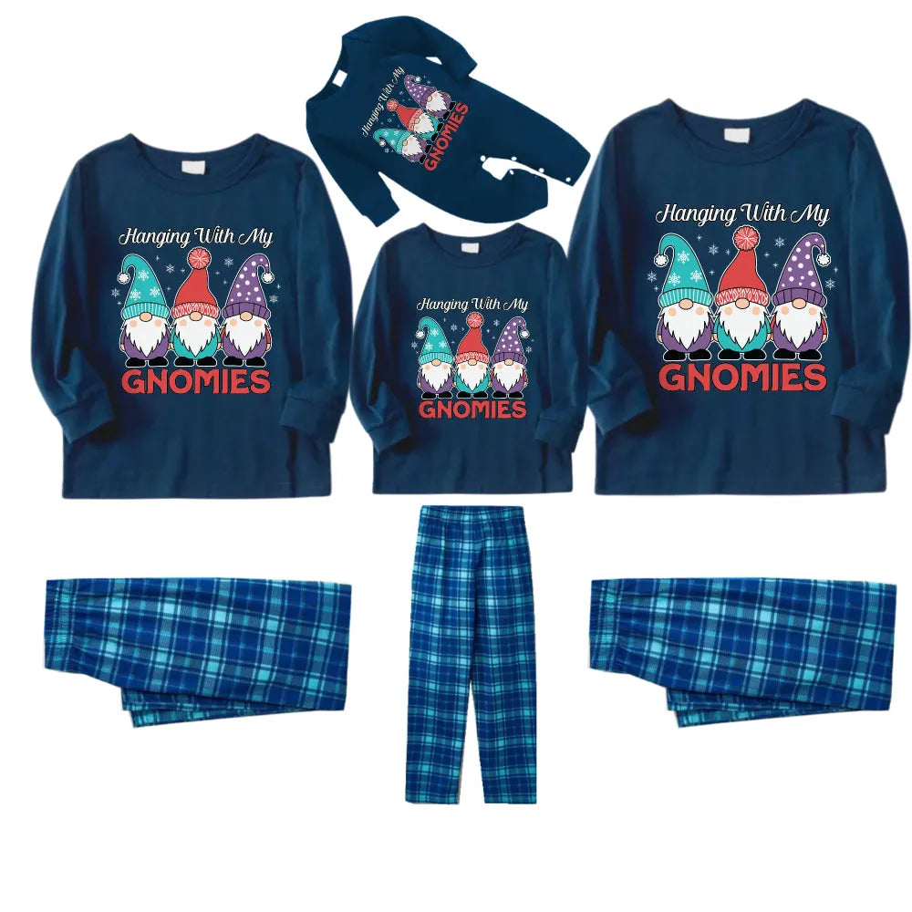 Christmas Family Matching Pajamas-Navy & Sky Blue Plaid Pjs Set with "Hanging With My Gnomies" and Gnome Cartoon Print
