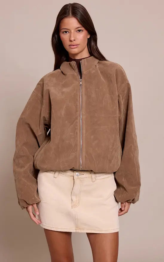 Mushroom Faux Suede Bomber Jacket