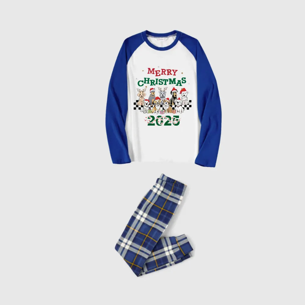 Christmas Family Matching Pajamas-Blue Raglan Top Blue Plaid Pants Pjs Set with Doggy and "Merry Christmas" Letter Print