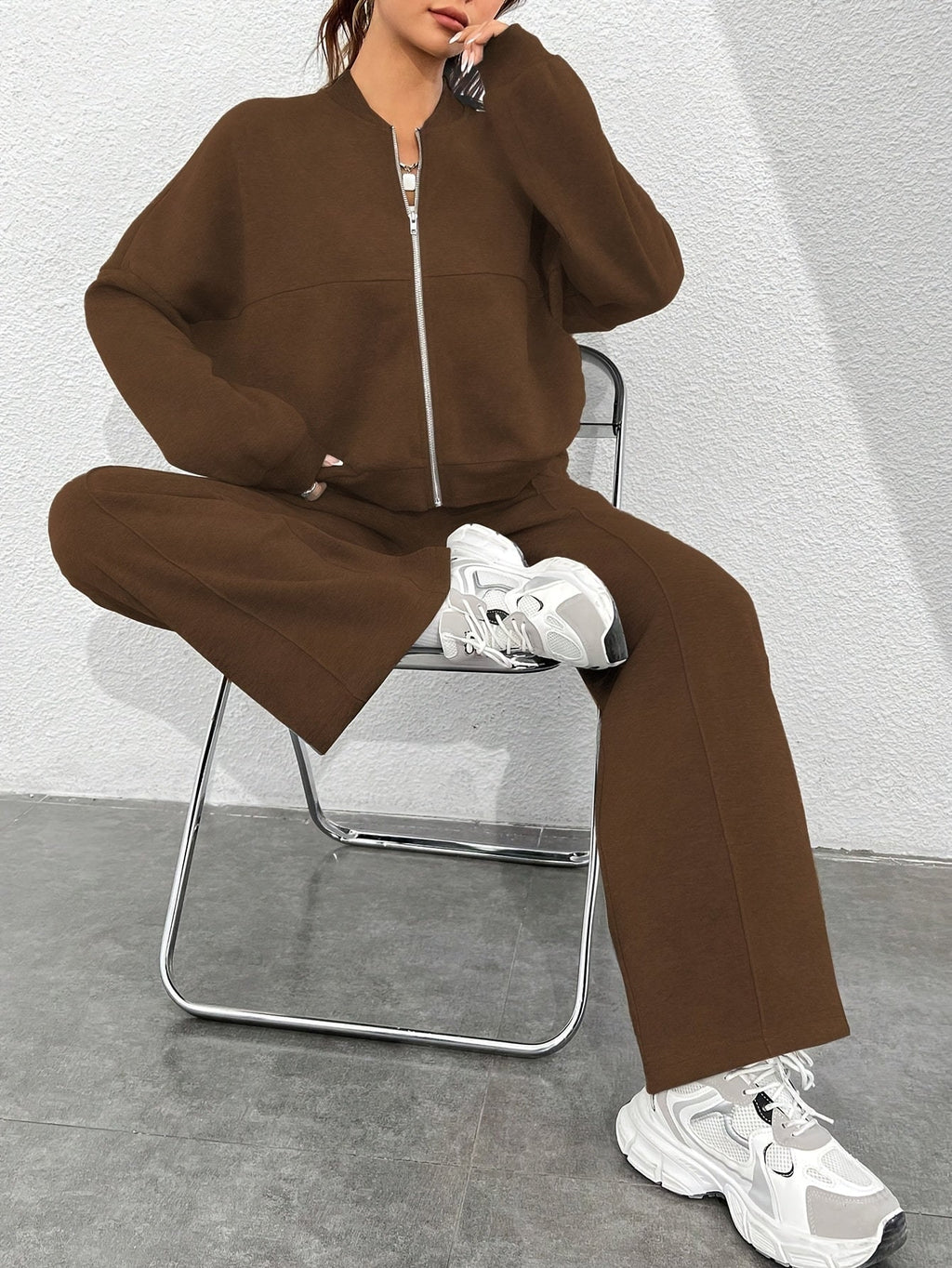 Zip-up Collarless‌ Cardigan Pants Set