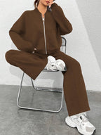 Zip-up Collarless‌ Cardigan Pants Set