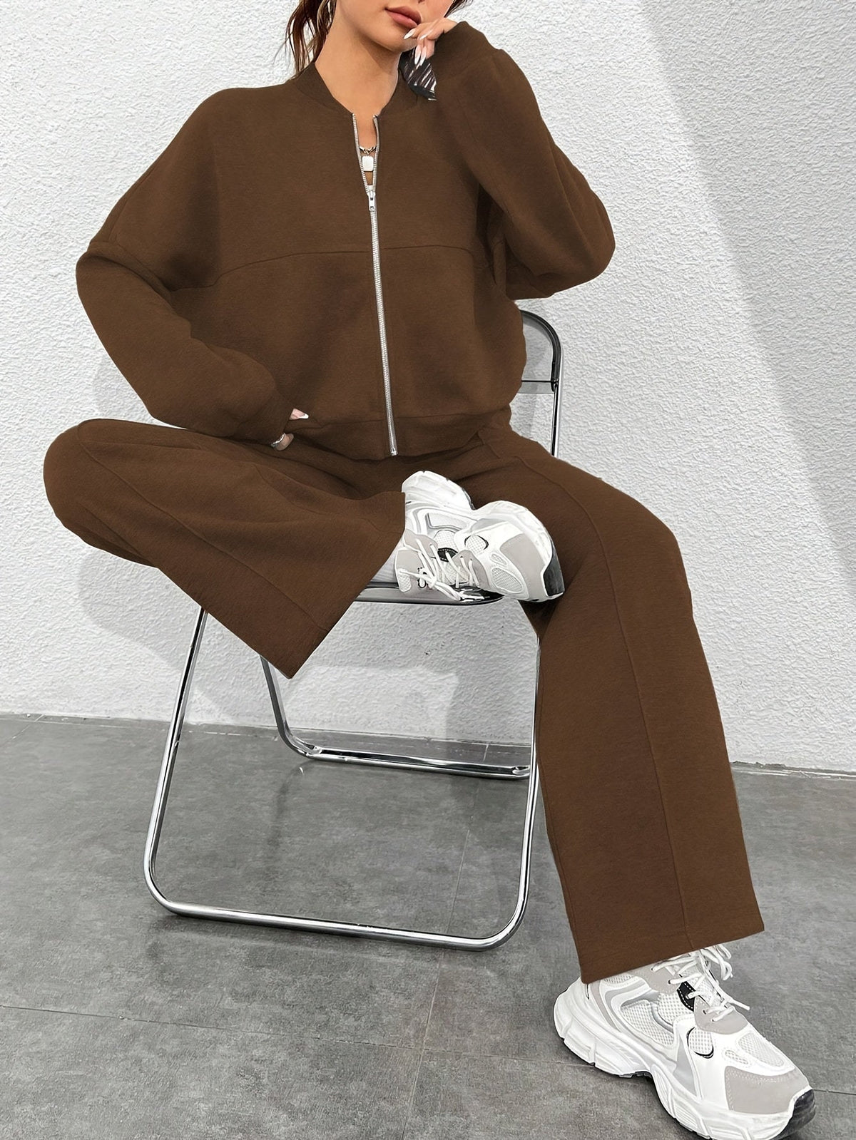 Zip-up Collarless‌ Cardigan Pants Set