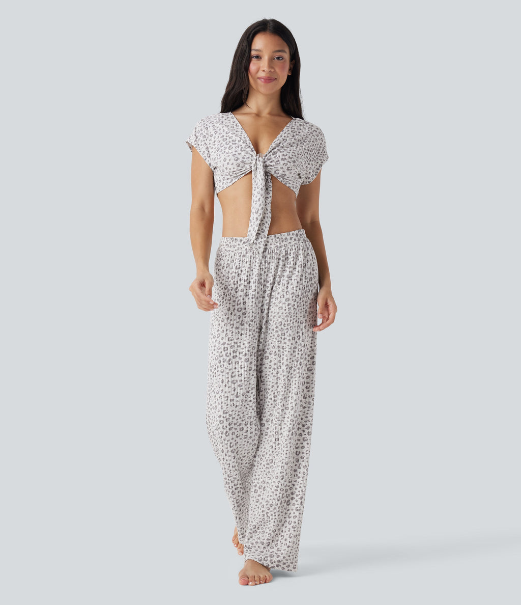 Tie Front Short Sleeve Leopard Print Cropped Lounge Top