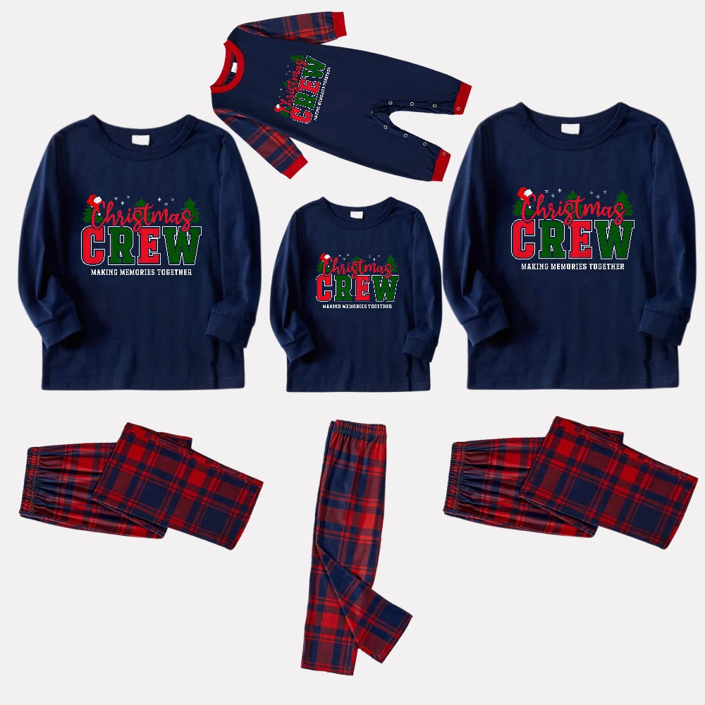 Christmas Family Matching Pajamas-Navy & Red Plaid Pjs Set with "Christmas Crew Making Memories Together" Print