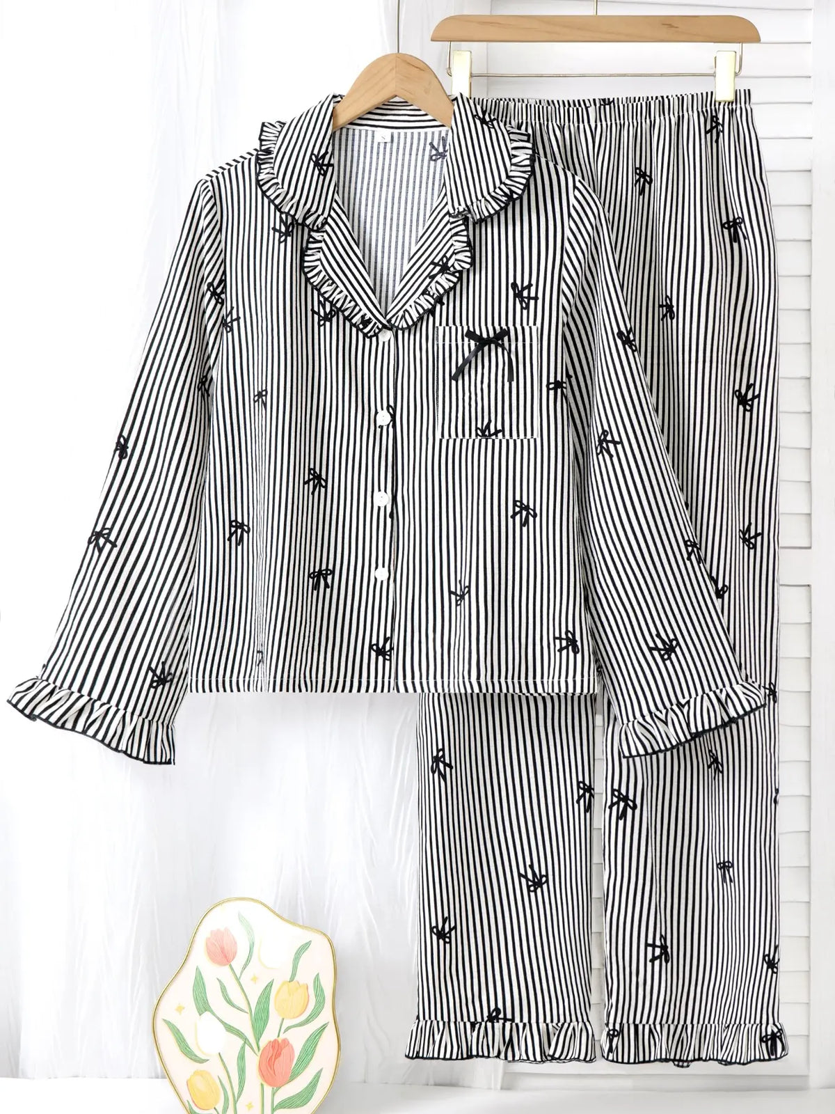 Women's Sleepwear Set, Breathable Striped Bow Design, Sweet & Fashionable Home Wear, Comfortable Nightgown for Women, Homewear