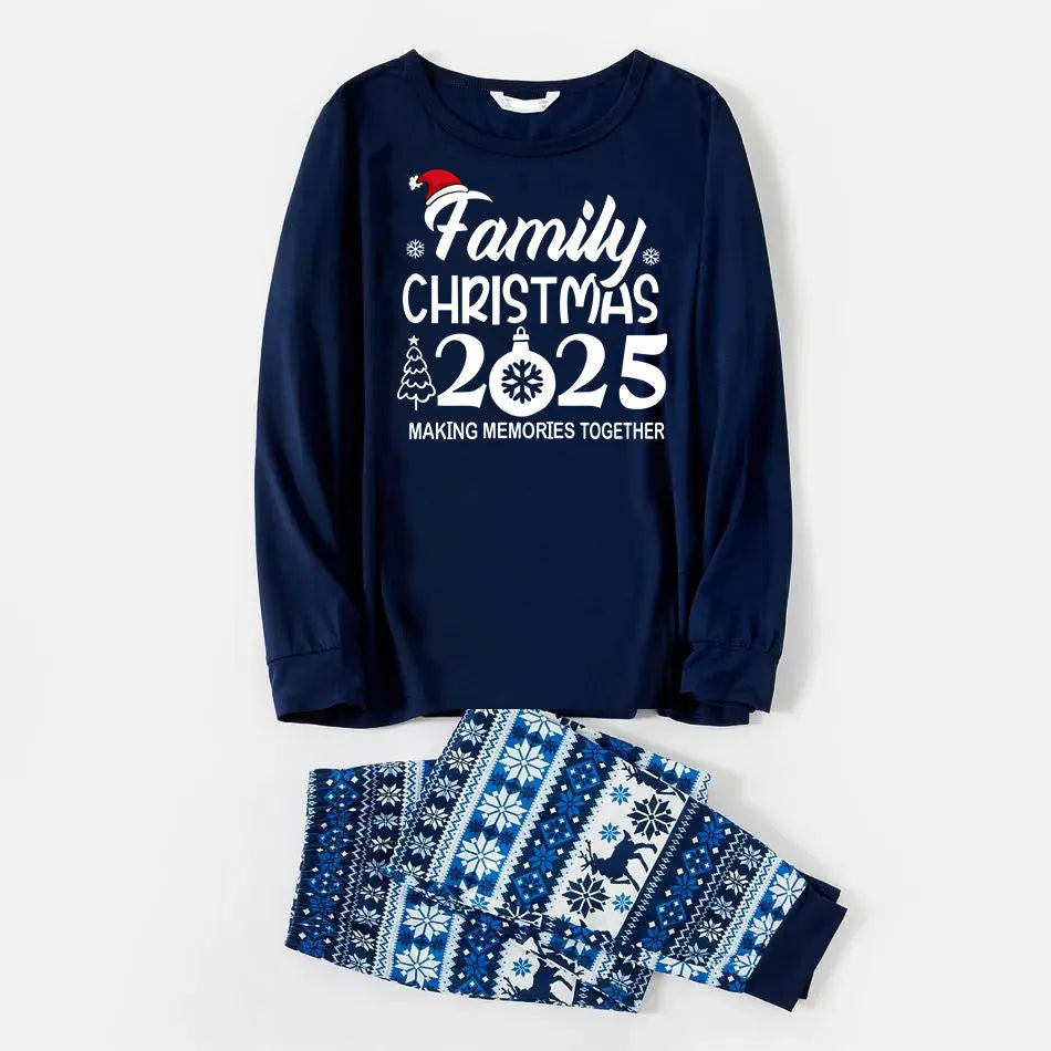 "Family Christmas 2025 " Text Print Blue Family Matching Pajamas