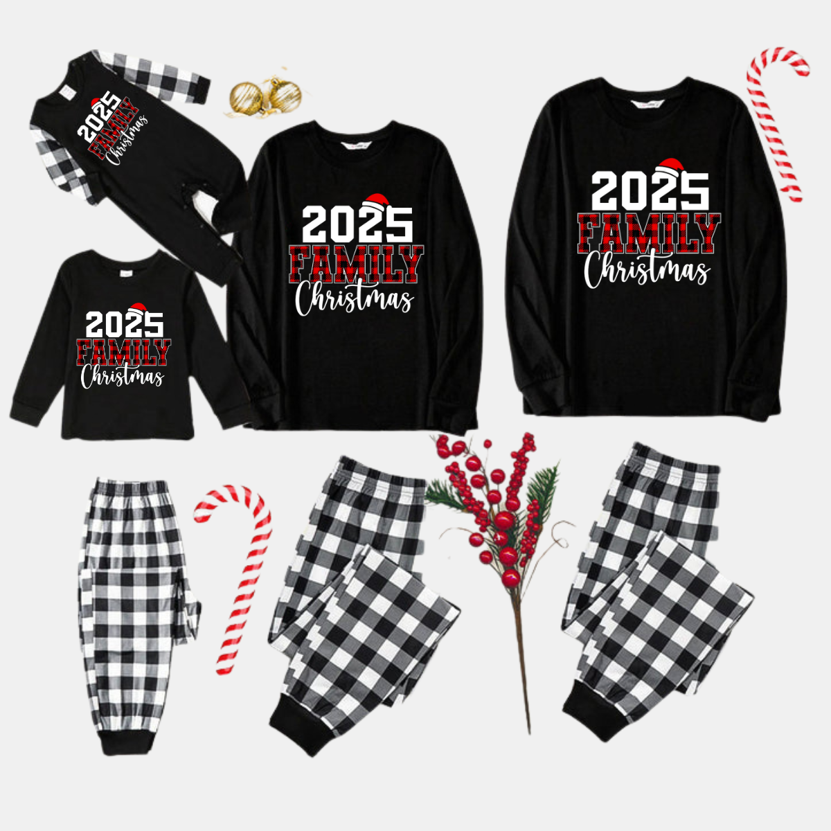 2025 Family Christmas Text Print Black Long Sleeve Top with Black And White Plaid Pants Family Matching Pajamas