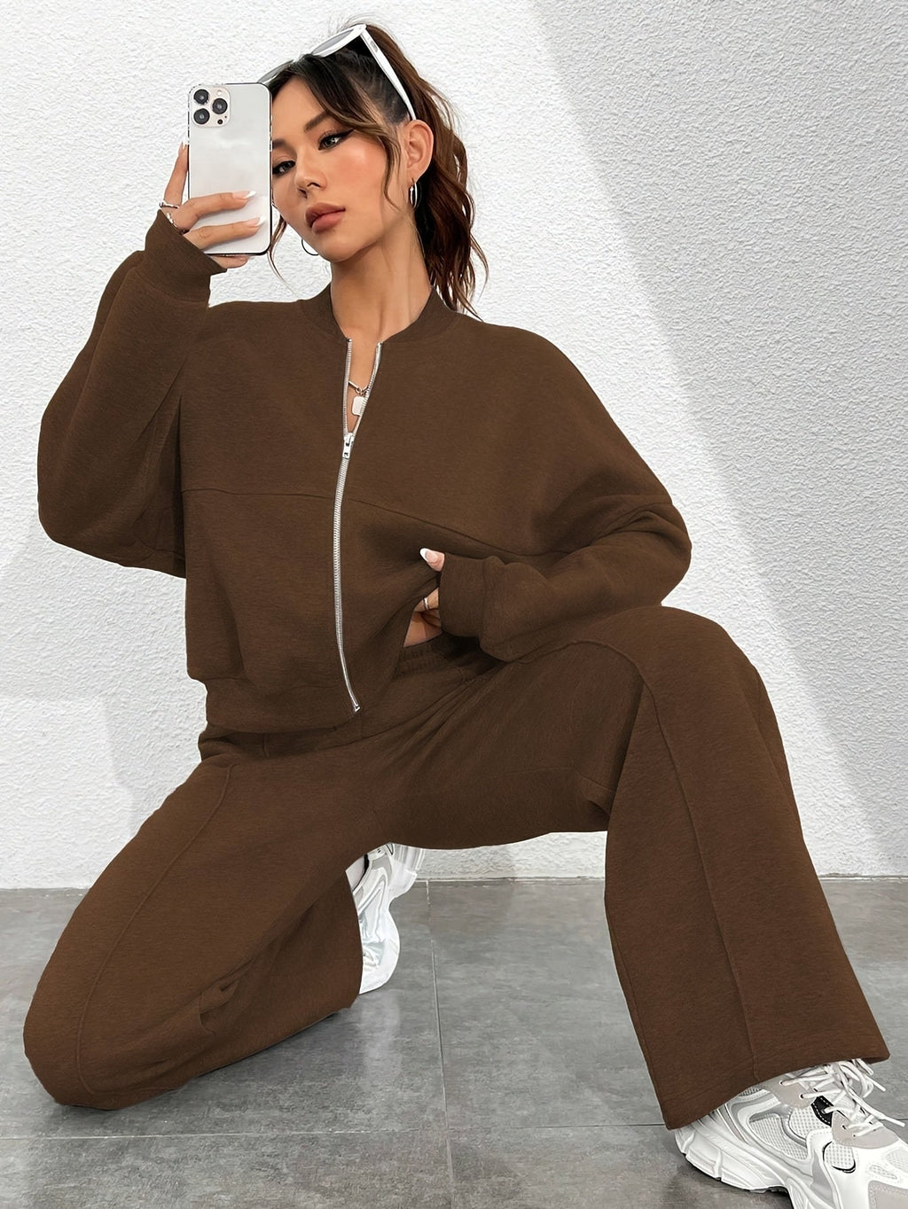 Zip-up Collarless‌ Cardigan Pants Set