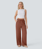 Women Summer High Waisted Drawstring Pocket Wide Leg Casual Linen-Feel Pants
