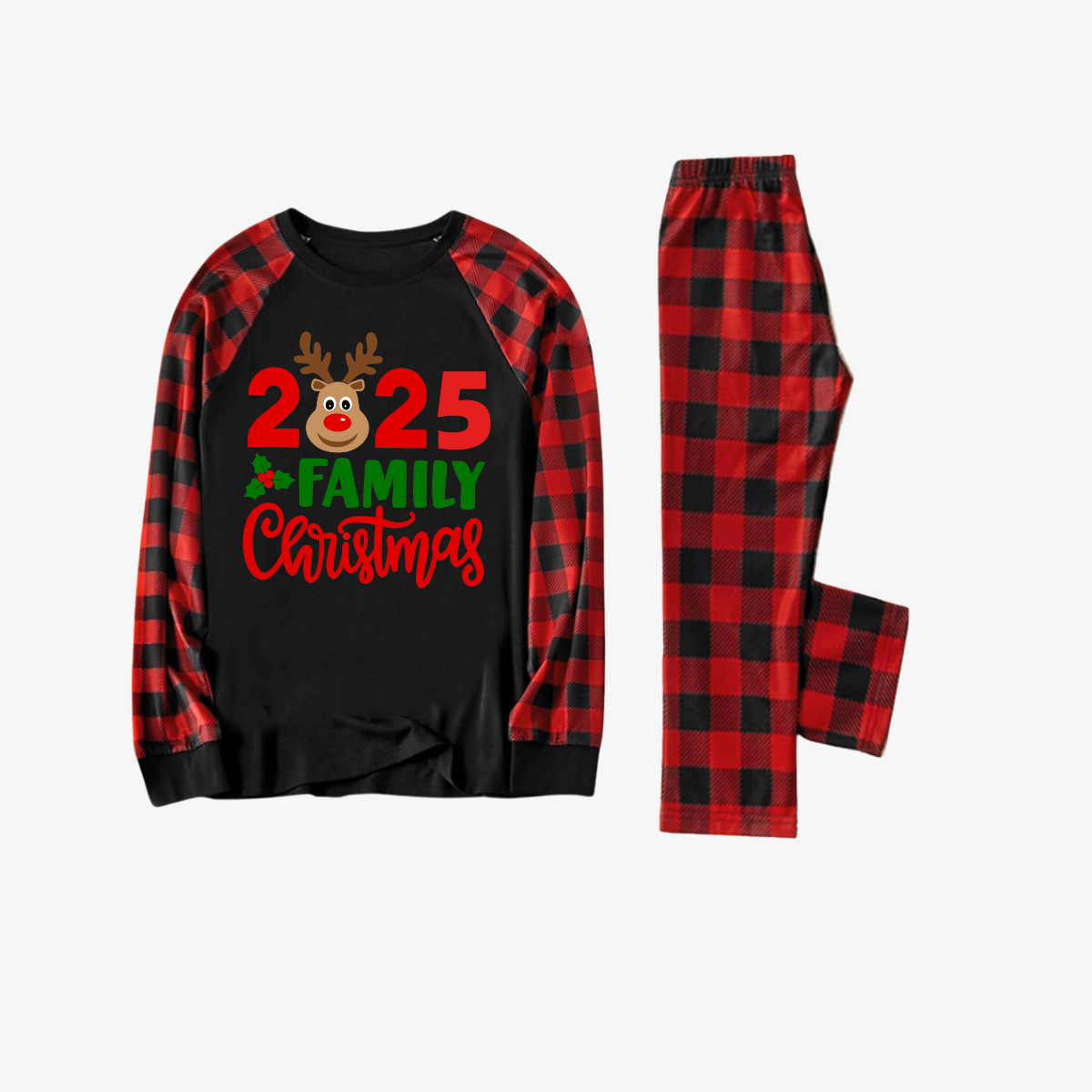 "2025 Family Christmas" Moose Letter Prints Black & Red Plaid Family Matching Black Pajamas
