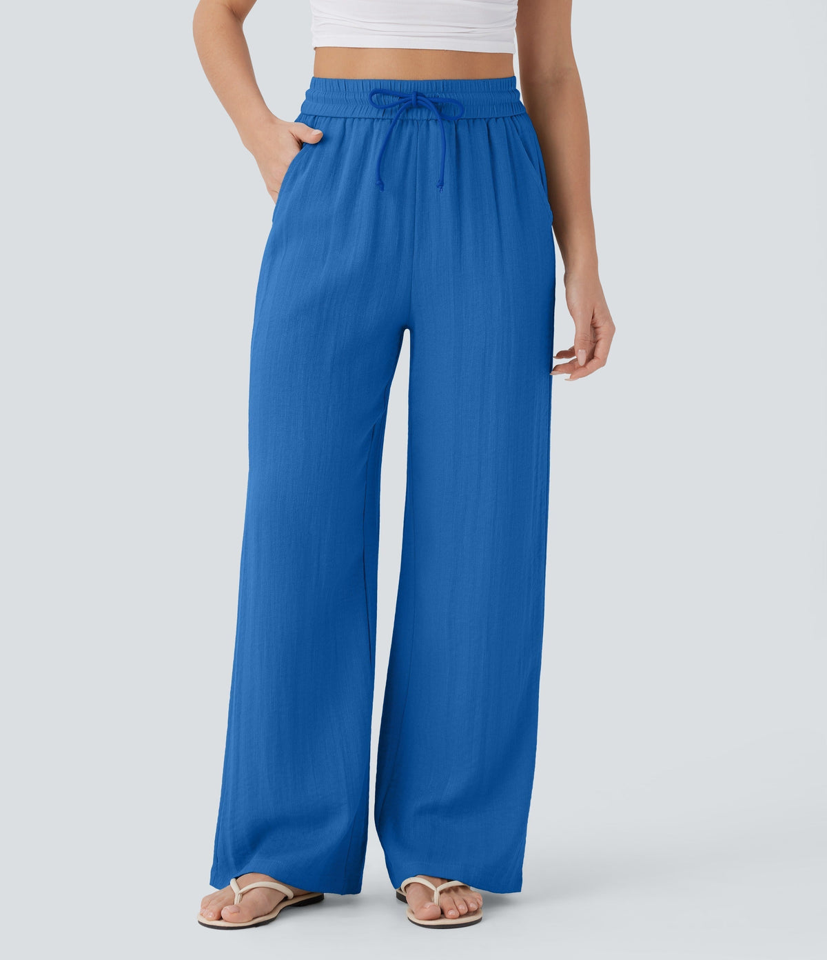 Women Summer High Waisted Drawstring Pocket Wide Leg Casual Linen-Feel Pants