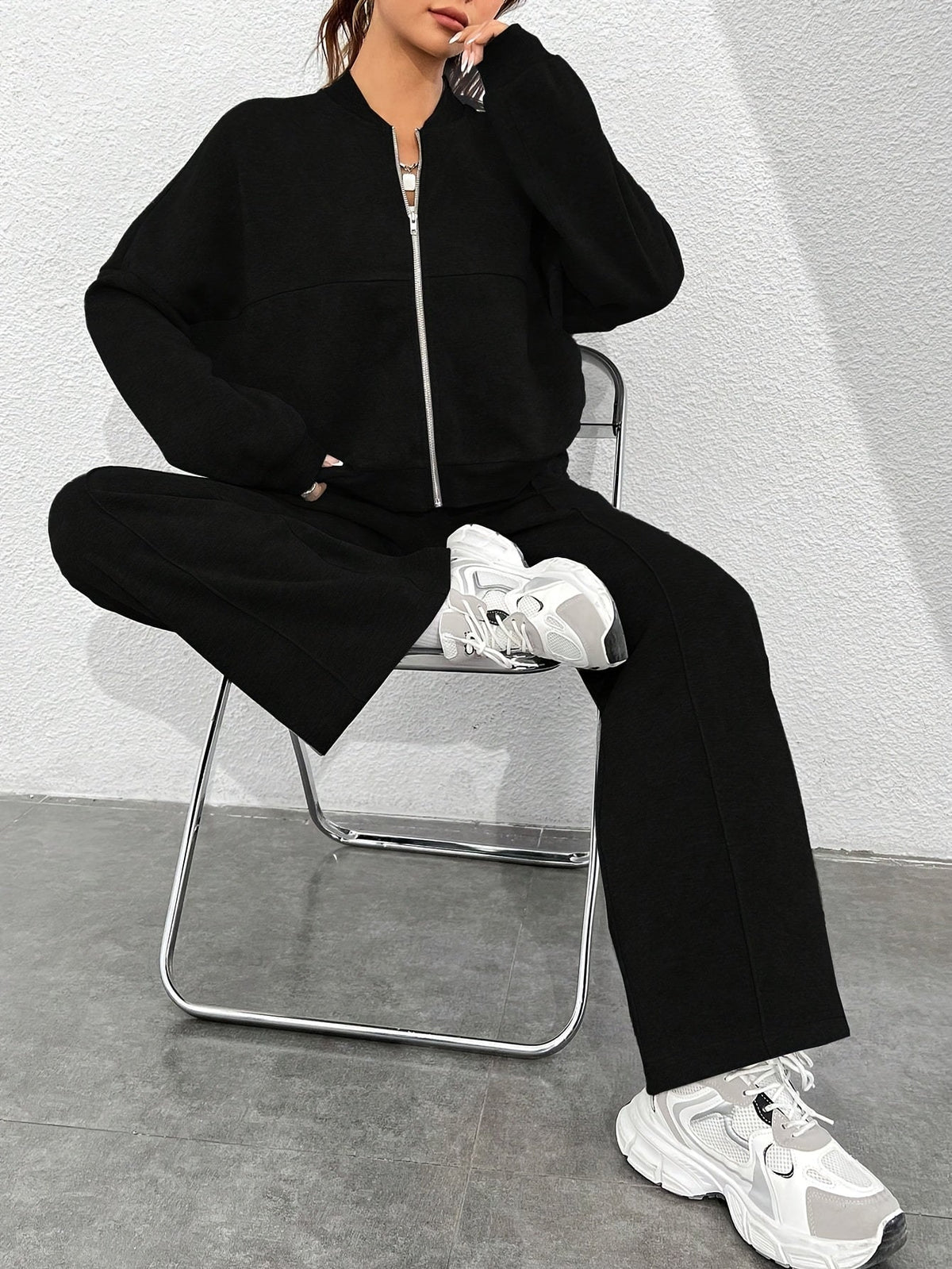 Zip-up Collarless‌ Cardigan Pants Set