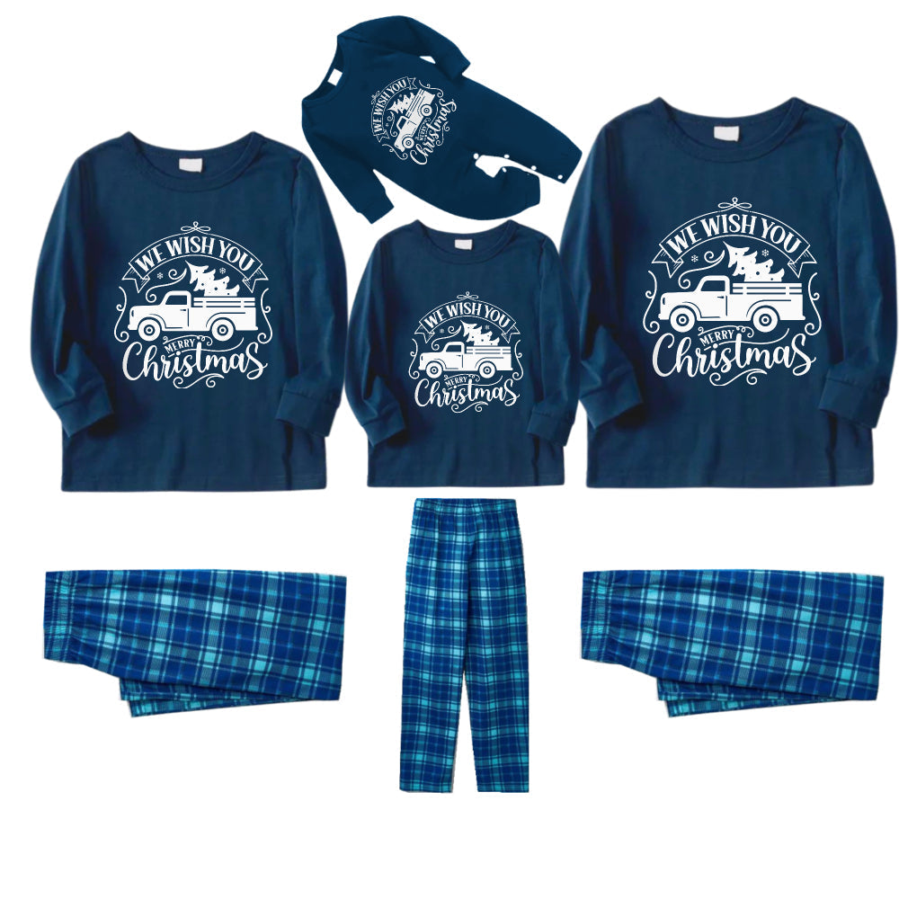 Christmas Family Matching Pajamas-Navy & Sky Blue Plaid Pjs Set with "We Wish You A Merry Christmas" and Christmas Car Pattern Print