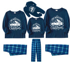 Christmas Family Matching Pajamas-Navy & Sky Blue Plaid Pjs Set with "We Wish You A Merry Christmas" and Christmas Car Pattern Print