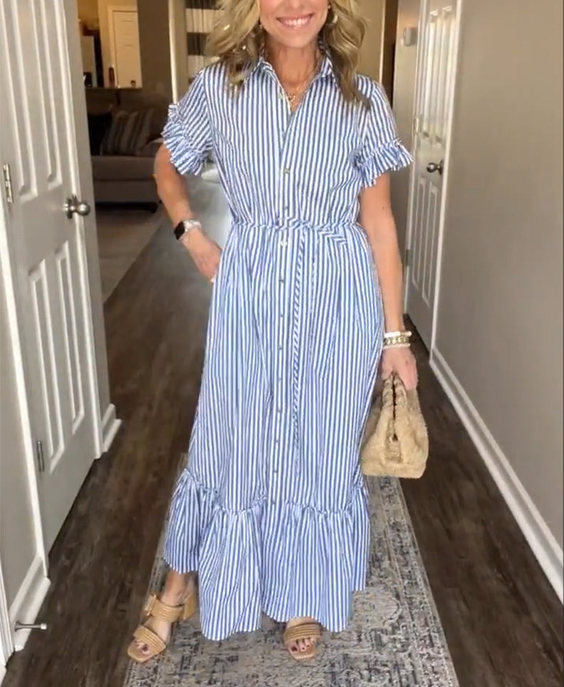 NEW🔥Striped Cotton Lapel Button Shirt Dress(Buy 2 Free Shipping)