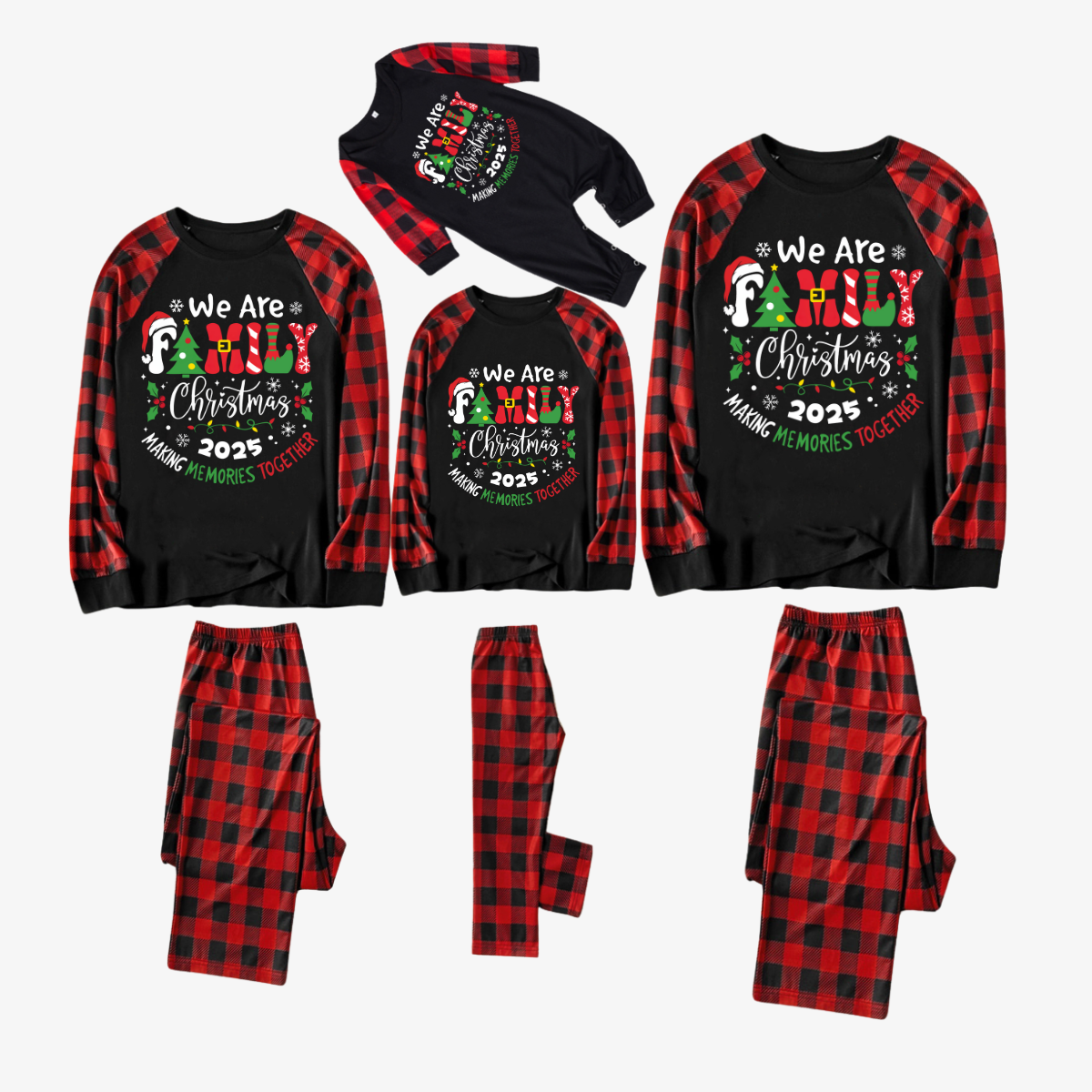 "We are Family 2025 Christmas Make Memories Together" Slogan Print Black & Red Plaid Family Matching Black Pajamas