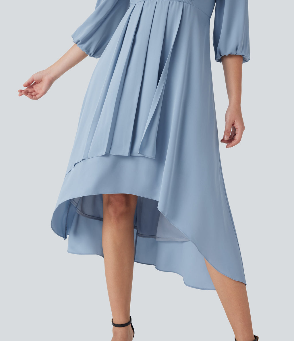 V Neck 3/4 Sleeve Pleated High Low Midi Casual Dress