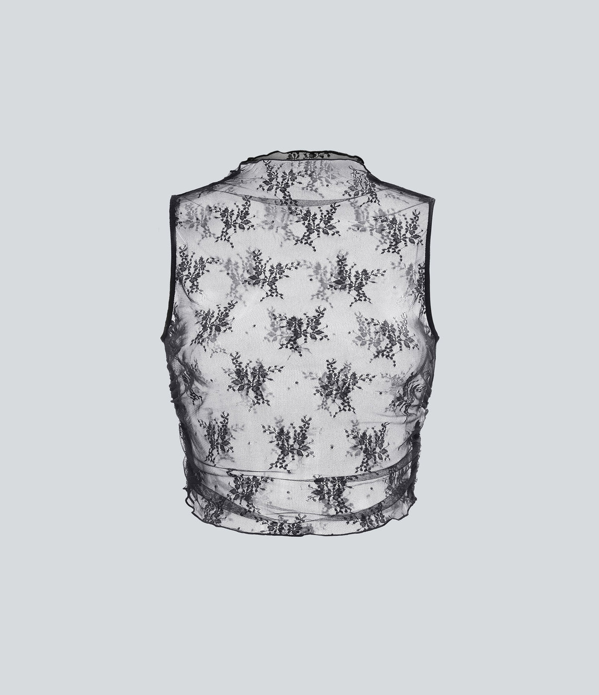 Mock Neck Sleeveless Ruched Cropped Sheer Lace Casual Top