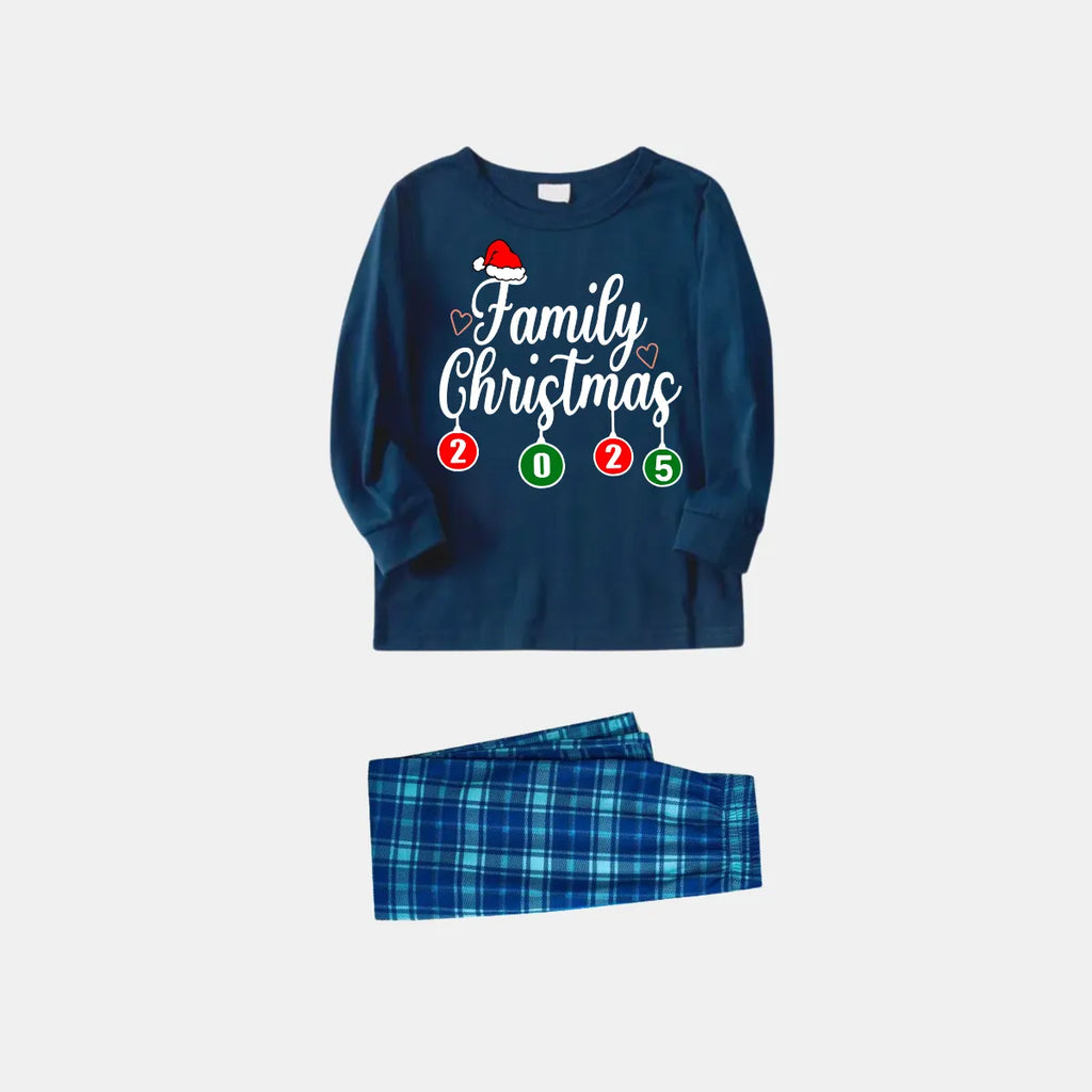 "Family Christmas 2025" Letter Printed Blue Long Sleeve Top With Blue Plaid Family Matching Pajamas