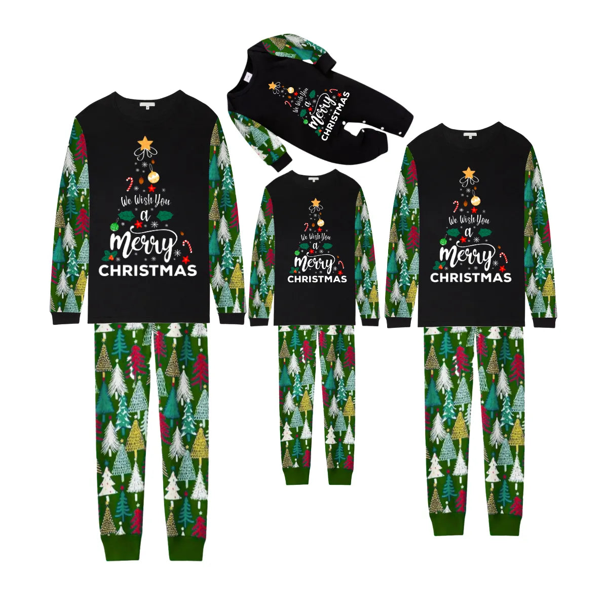 We Wish You a Merry Christmas Family Pajamas Set - Black Top / Christmas Tree Print Green Pants / Christmas Tree Print Sleeves