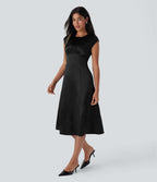 Round Neck Ruched Midi Satin Work Dress with Pockets
