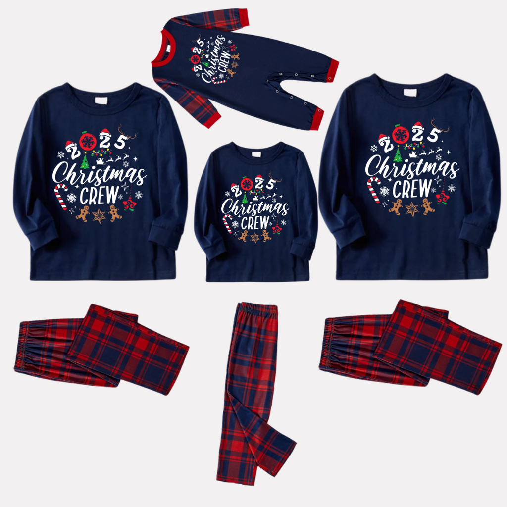"2025 Christmas Crew" Text and Santa Hat Prints Blue Long Sleeves Top with Red and Blue Plaid Pants Christmas Matching Pajamas